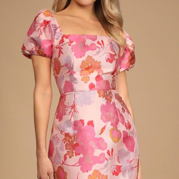 NWT LULUS So Stunning Light Pink Floral Jacquard Puff Sleeve Mini Dres | Size L - Picture 2 of 5